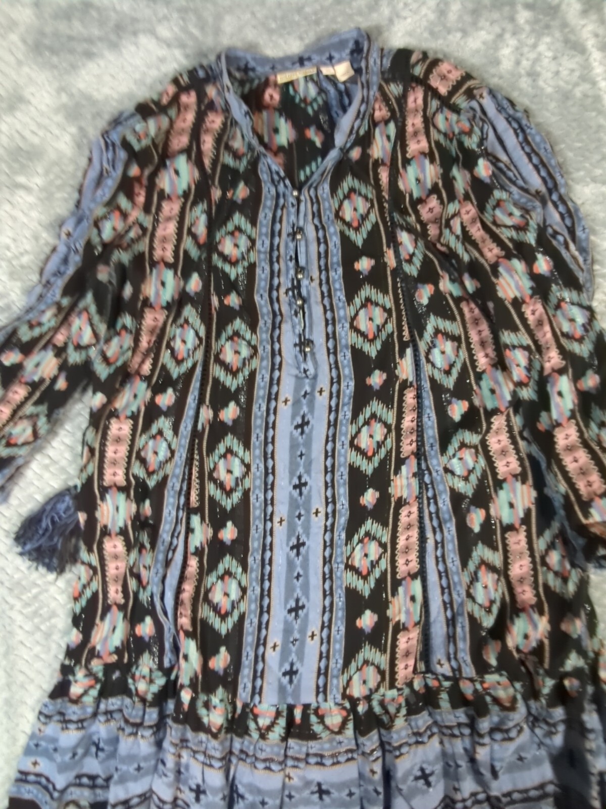 Holding Horses Anthropology Women’s Southwest Print Dress Ruffle Tassles XS Blue