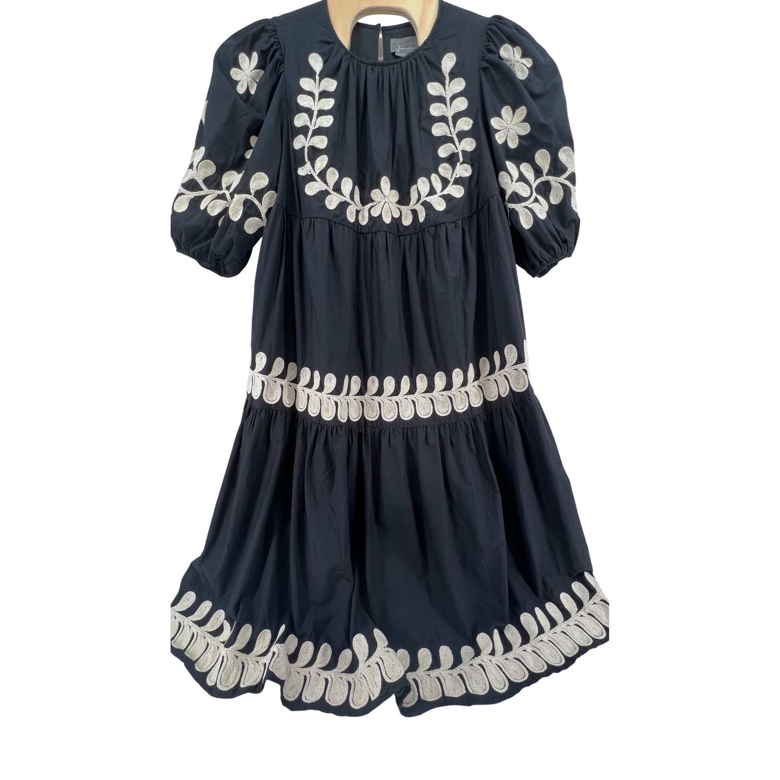 Anthropologie Gretel Embroidered Tiered Dress Black Cream Floral Puff Sleeve 1X