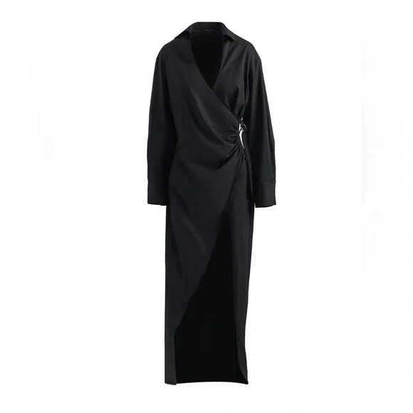 NAKED WARDROBE Black V-Neck Ruched Wrap Shirting Shirt Dress Maxi LARGE = 8/10