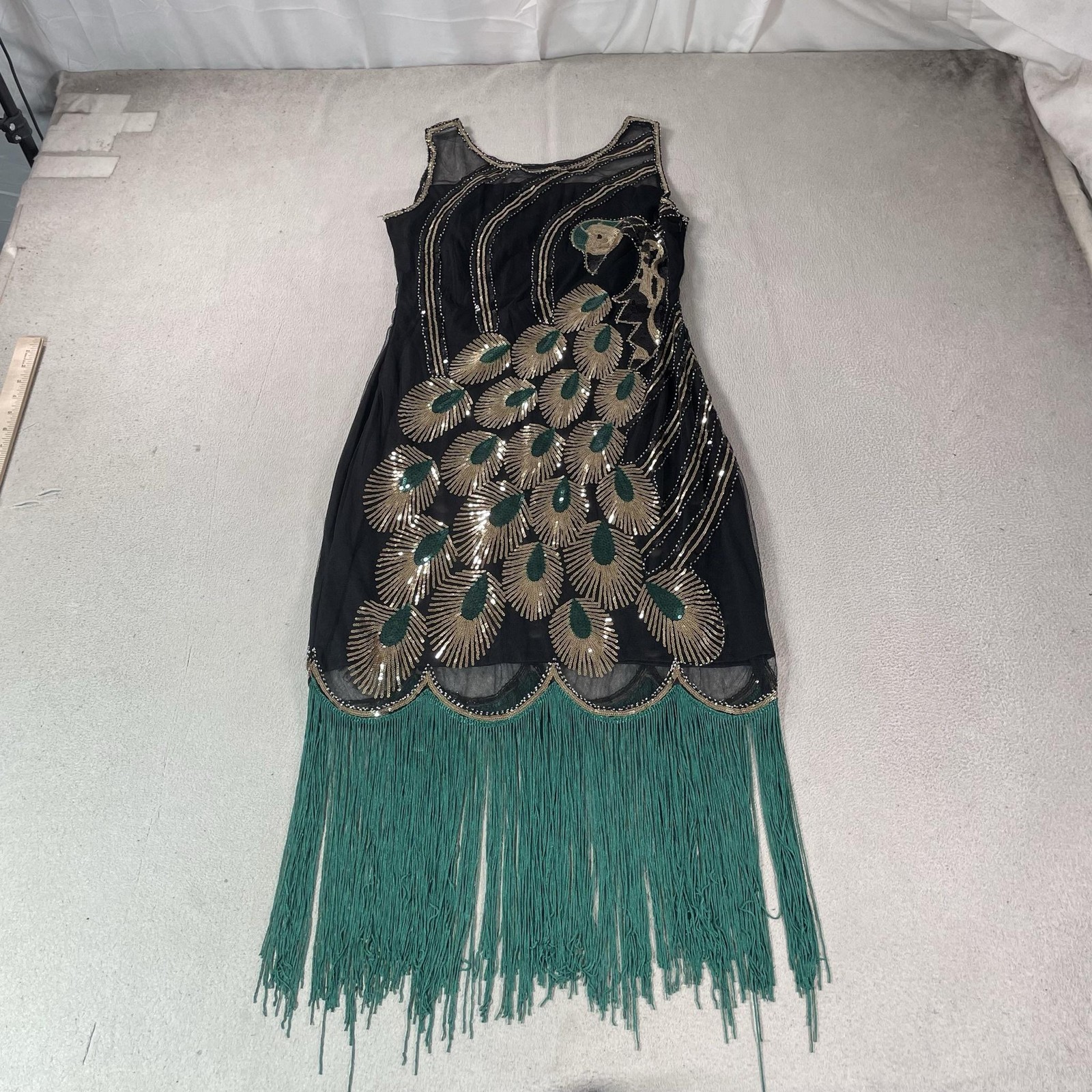 Flapper Dress Womens 1X Black Sequin Beaded Peacock Fringe 20s Gatsby BABEYOND