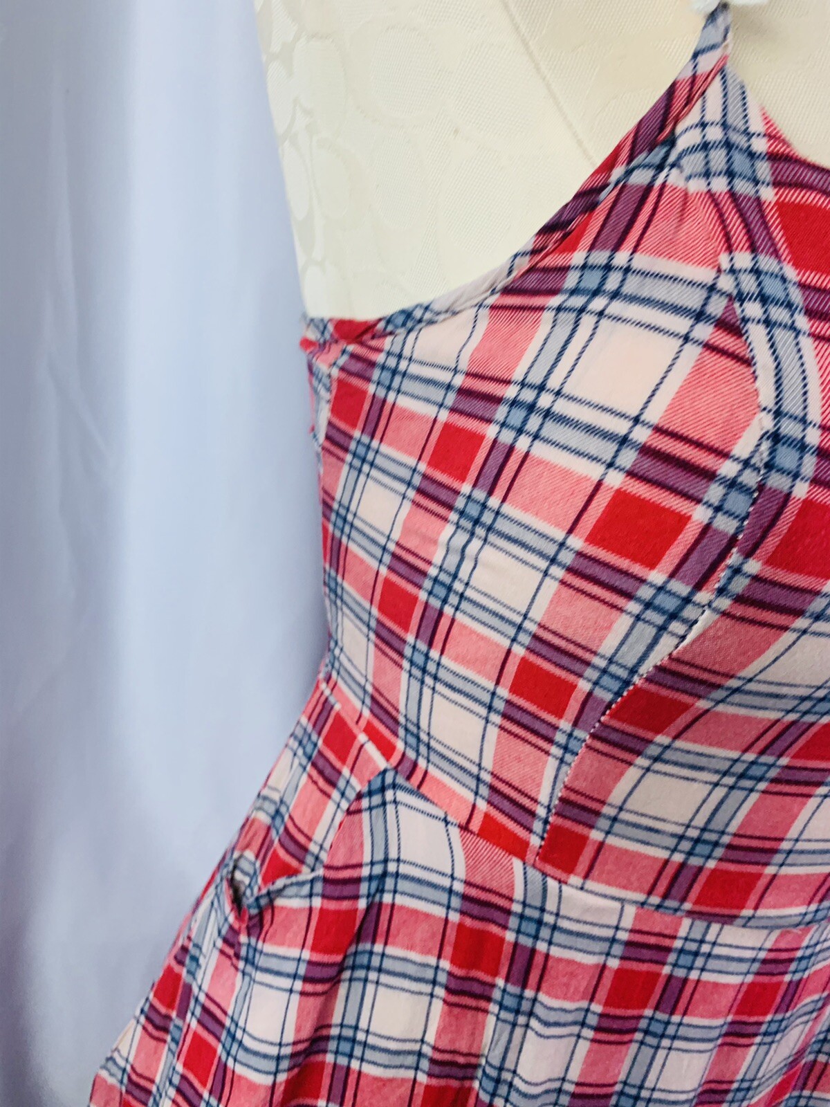 Small Alythea Junior Women’s Red Plaid Dress Pockets Open Back Lined