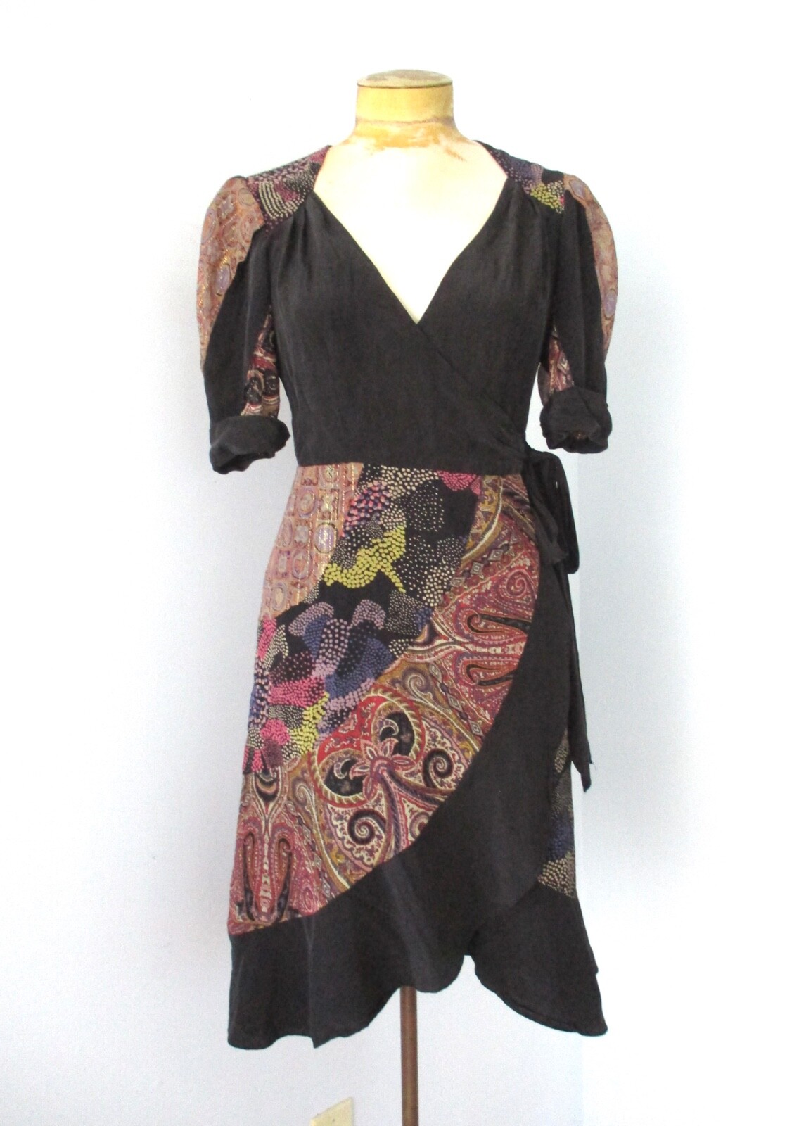 Nanette Lepore Black Pink Sparkly Gold Paisley True Wrap Boho Dress Sheer Back 4