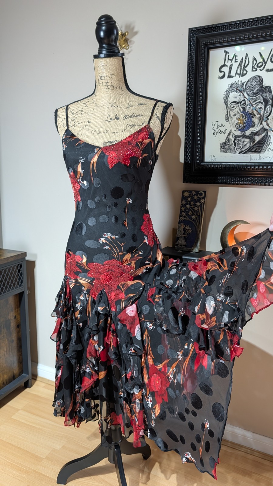 90s Y2K Yve 100% Silk Beaded Devore Slip Dress Size Medium Whimsigoth