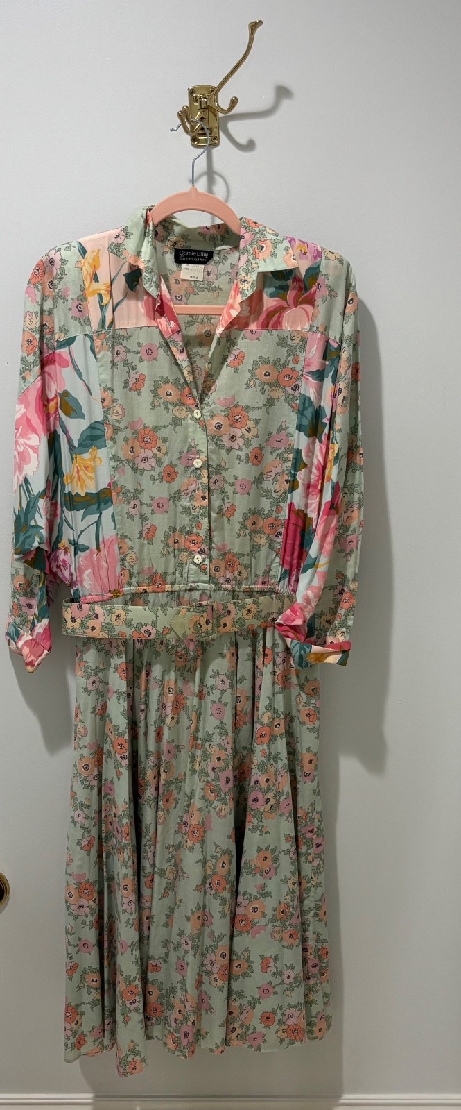 Vintage Carole Little Floral Midi Dress Mint Green Belted Button Front Rayon M