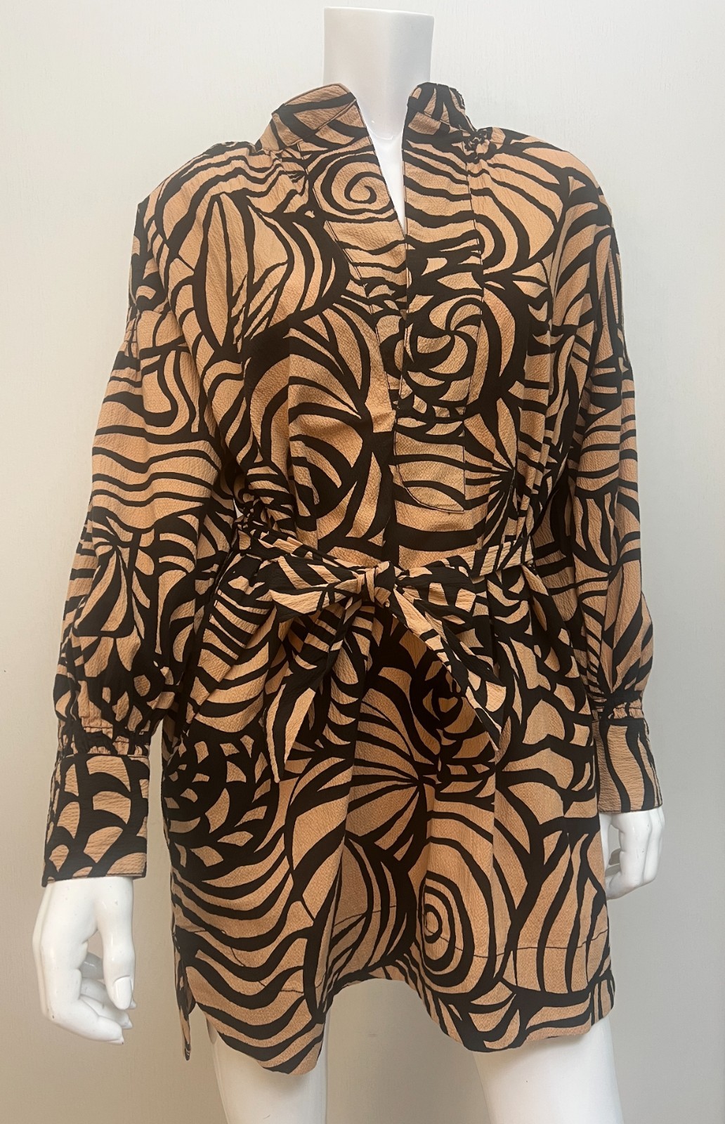 NWT Anthropologie Abstract Print Belted Mini Dress Brown Black Balloon Sleeve S