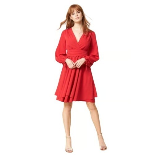 Eliza J Red V Neck Long Sleeve Wrap Dress Fit and Flare Mini Dress Size 10P