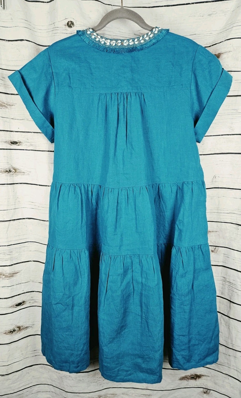 Chico’s Teal Beaded Linen Tiered Dress 2 Womens US 12 Midi Ruffle Short Sleeves