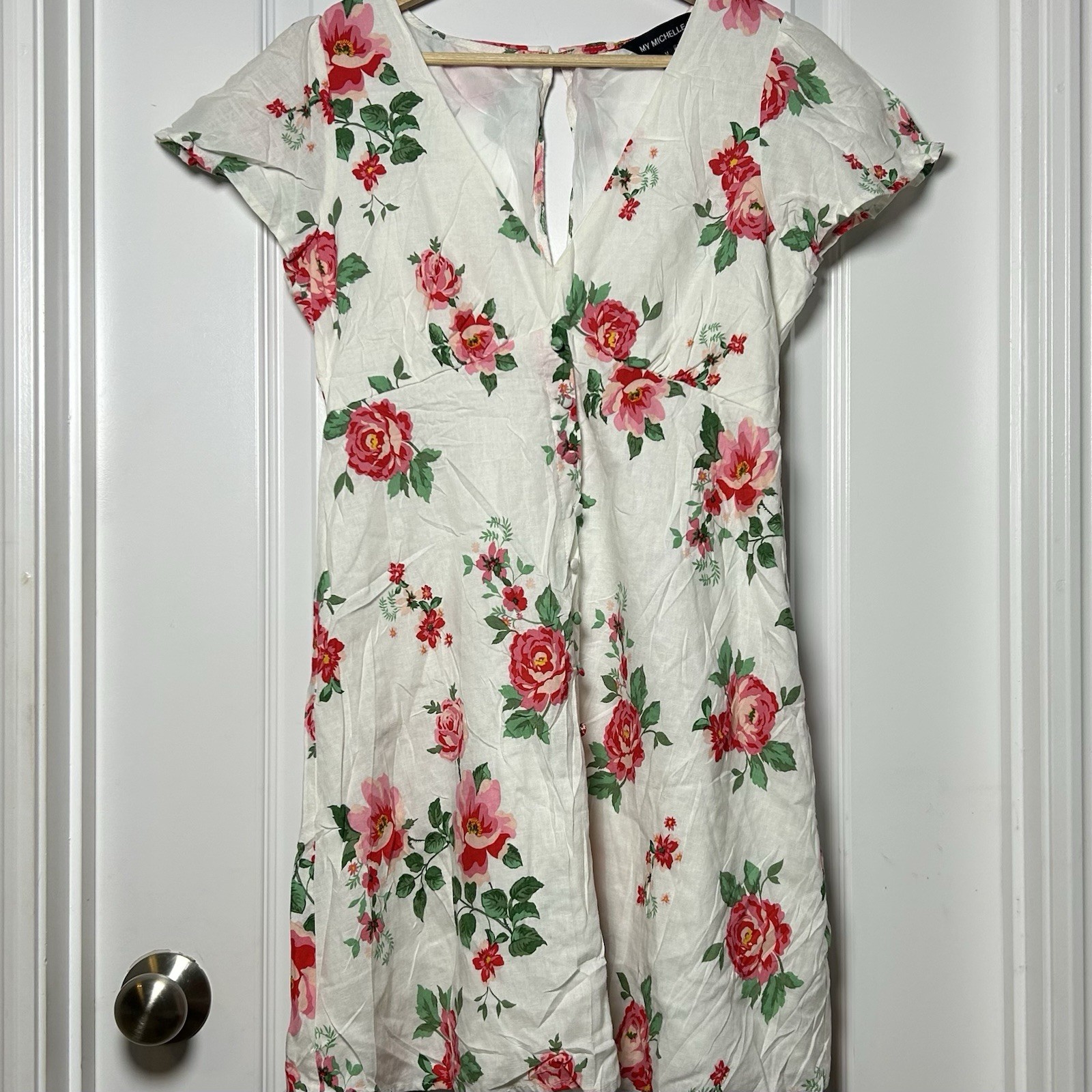 My Michelle White Rose Print Cap Sleeve Button Front Mini Dress Coquette Style