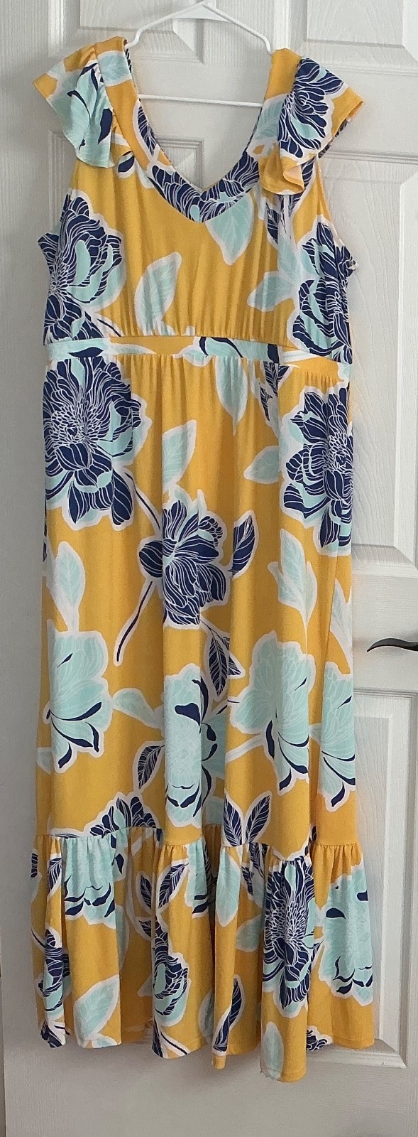 EUC IMAN WOMENS MAXI DRESS SIZE XL, RUFFLE SLEEVELESS, KNIT, SUMMER