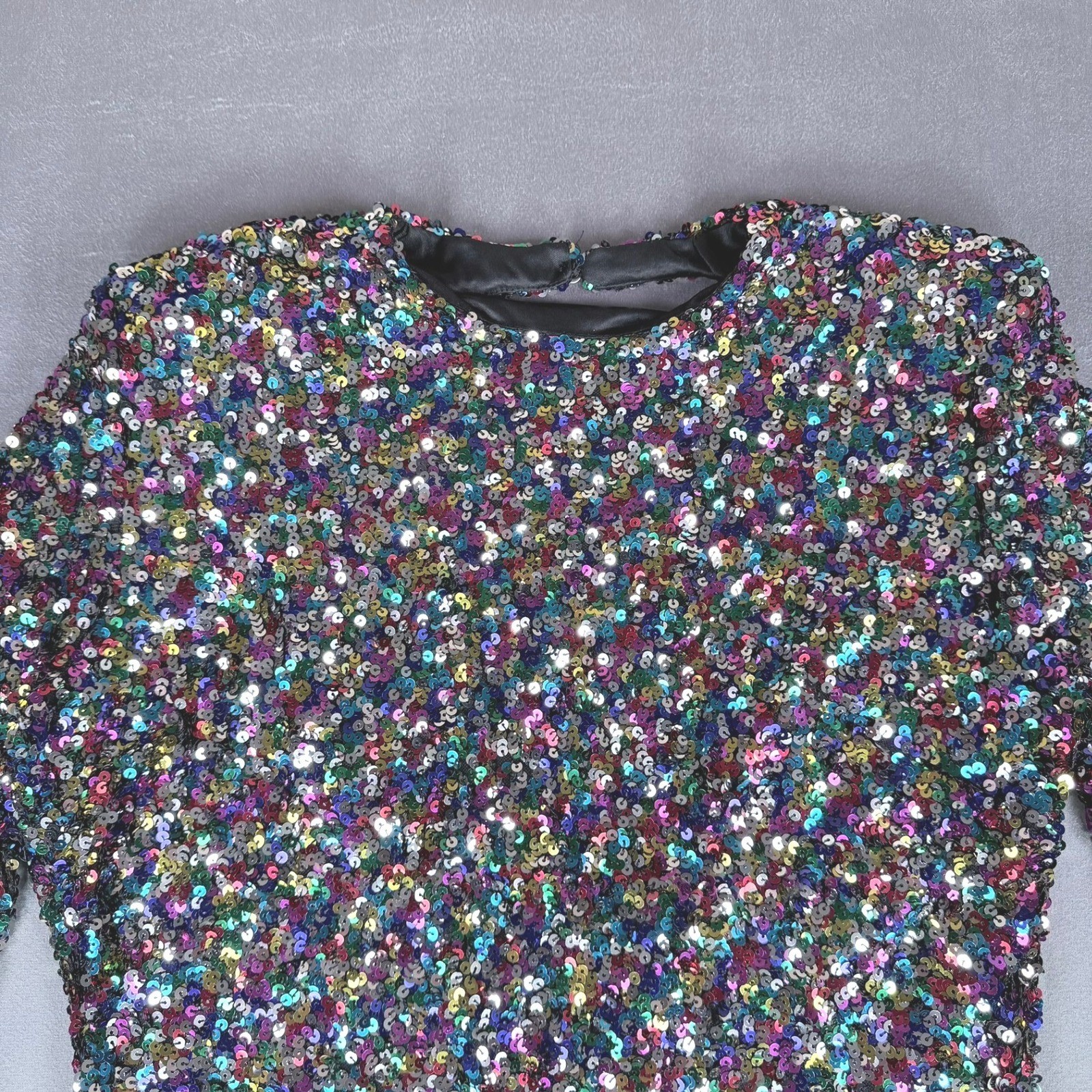 FORE Sequin Mini Dress Womens L Multicolor Open Back Long Sleeve Party Cocktail