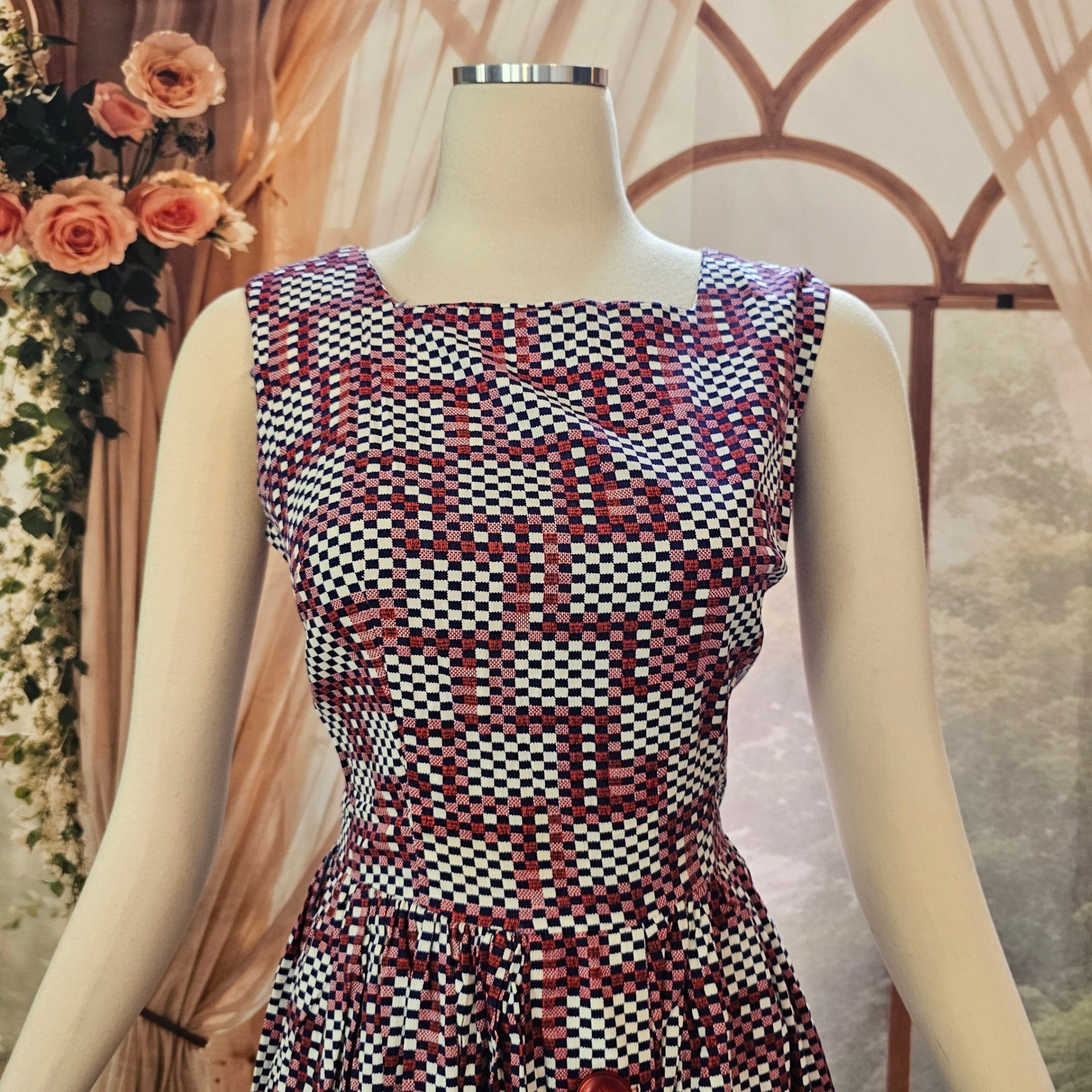 Vintage 1960’s Geometric Checkered Fit & Flare Dress Red White Navy Square Neck