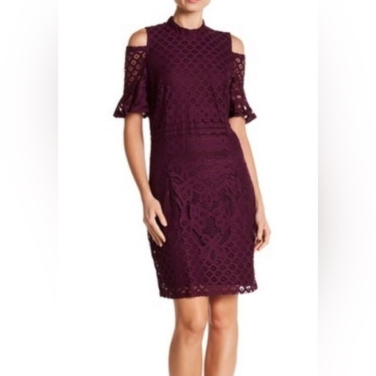 UEC CANDALITE EGGPLANT PURPLE LACE OVERLAY SHEATH COLD SHOULDER DRESS SZ MP