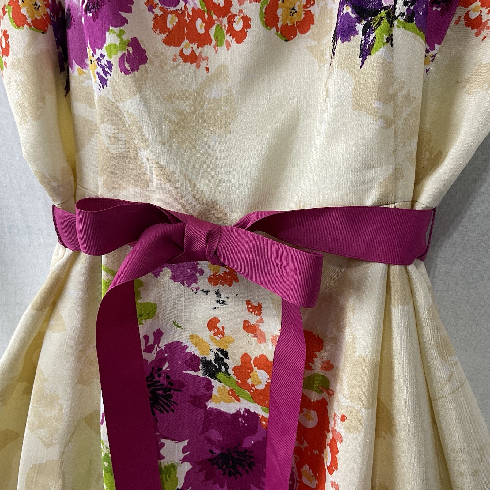 Vtg Jessica Howard Sun Dress Cream Multicolor Floral Pink Sash Fit & Flare Sz 12