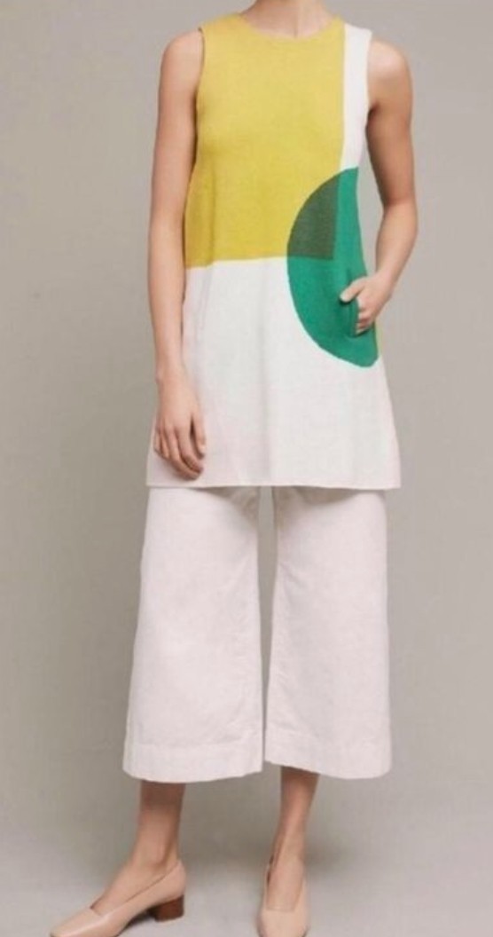Moth Anthro Mod Geometric Tunic Knit Dress Large Yellow Green Retro