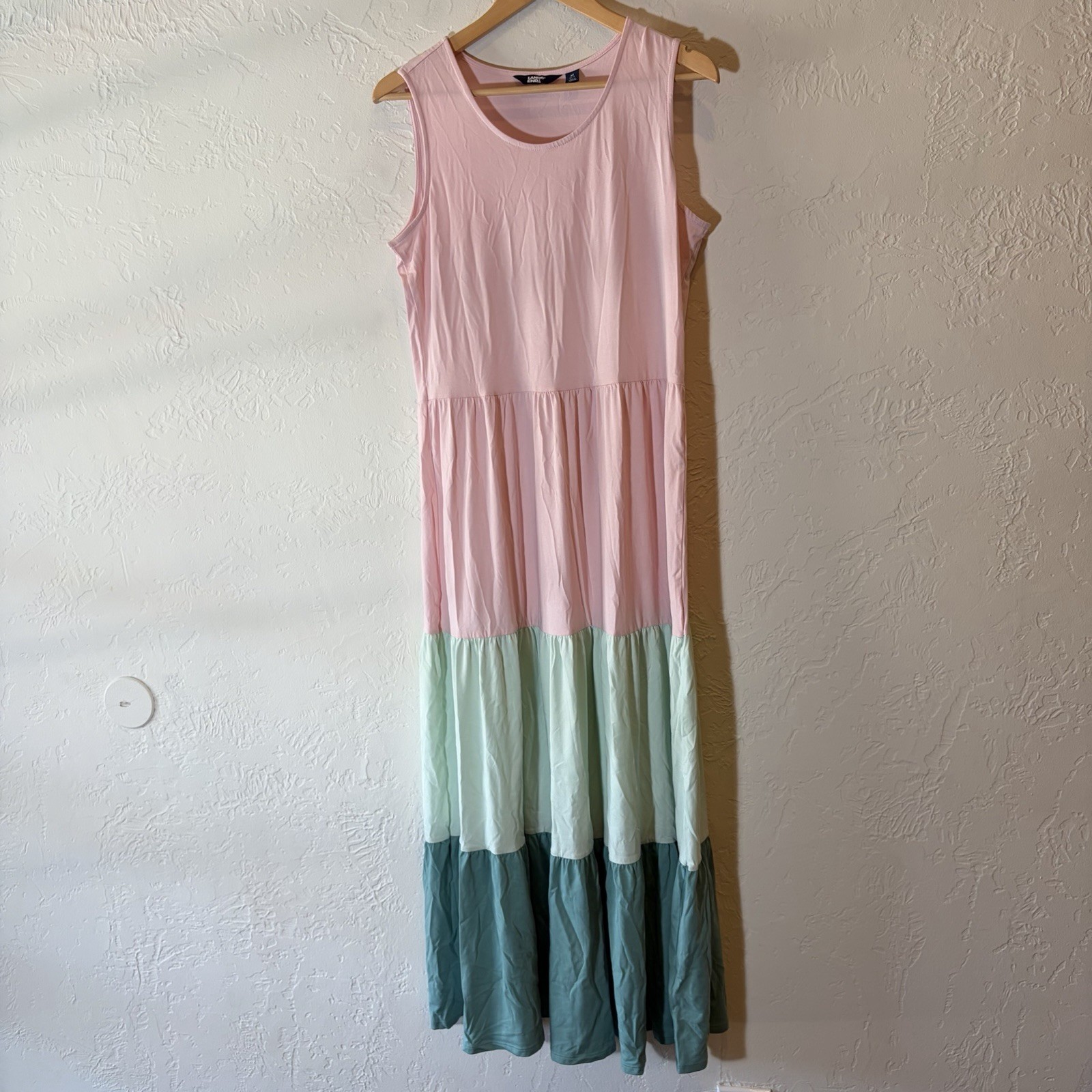 Lands’ End Pink Green Colorblock Tiered Maxi Dress Sleeveless Size M 10-12