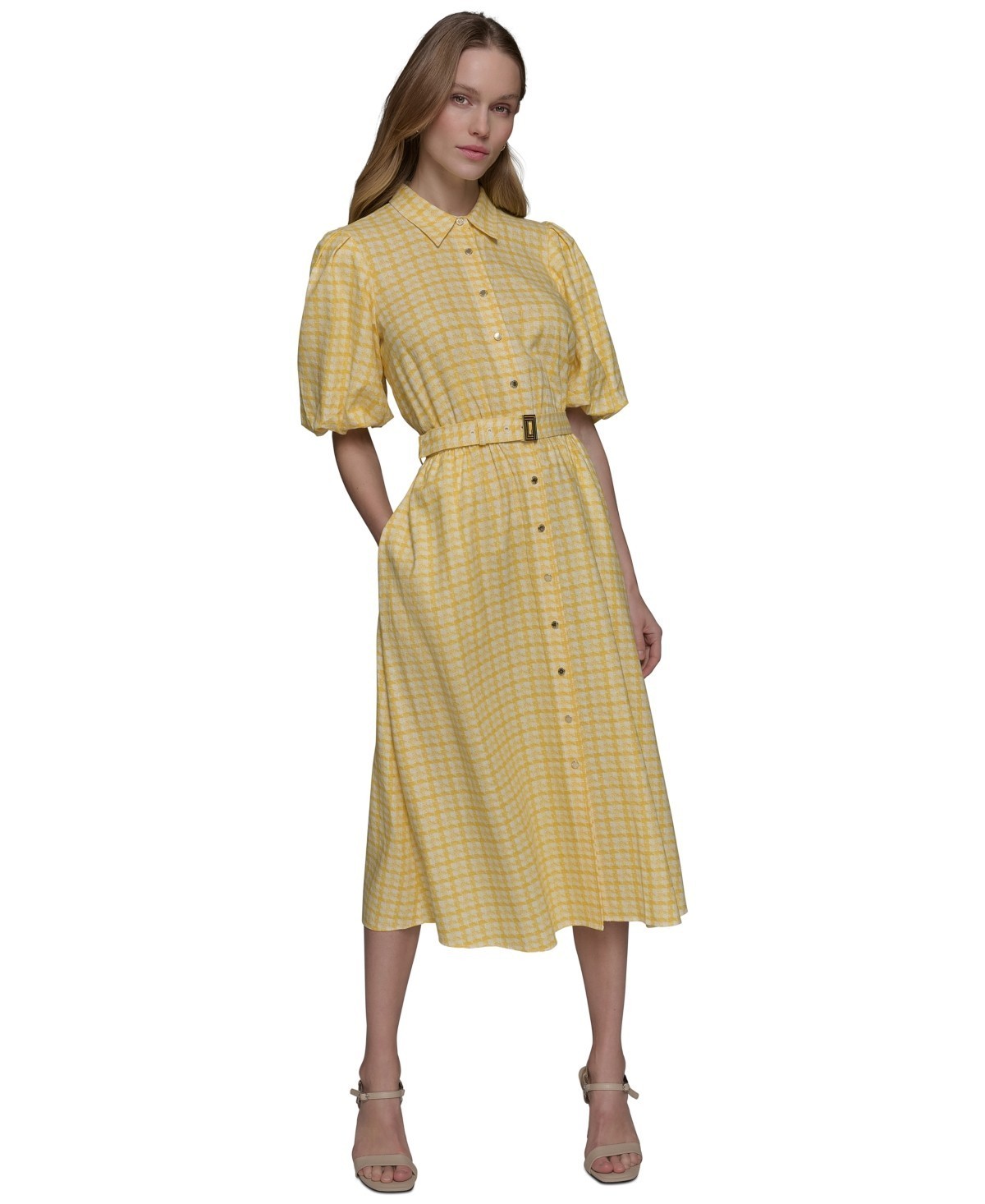 KARL LAGERFELD PARIS Linen-Blend Collared Button Belted Dress Women’s 14 Yellow