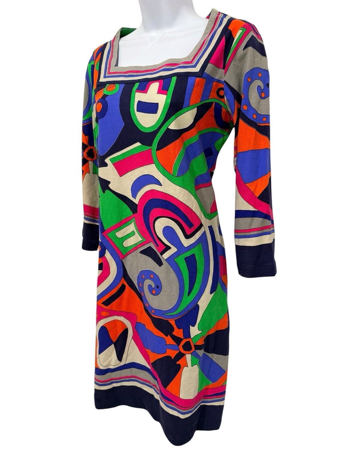Barbara Gerwit Dress Mod Print 3/4 Sleeve Stretch Cotton Retro Knee Length