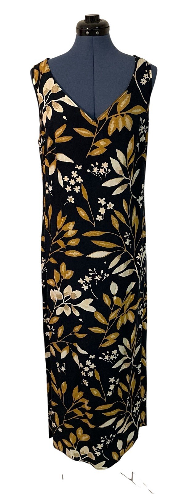 Vtg Darian Black Brown Floral Hawaiian Sleeveless Maxi Dress Tropical Boho 90s L