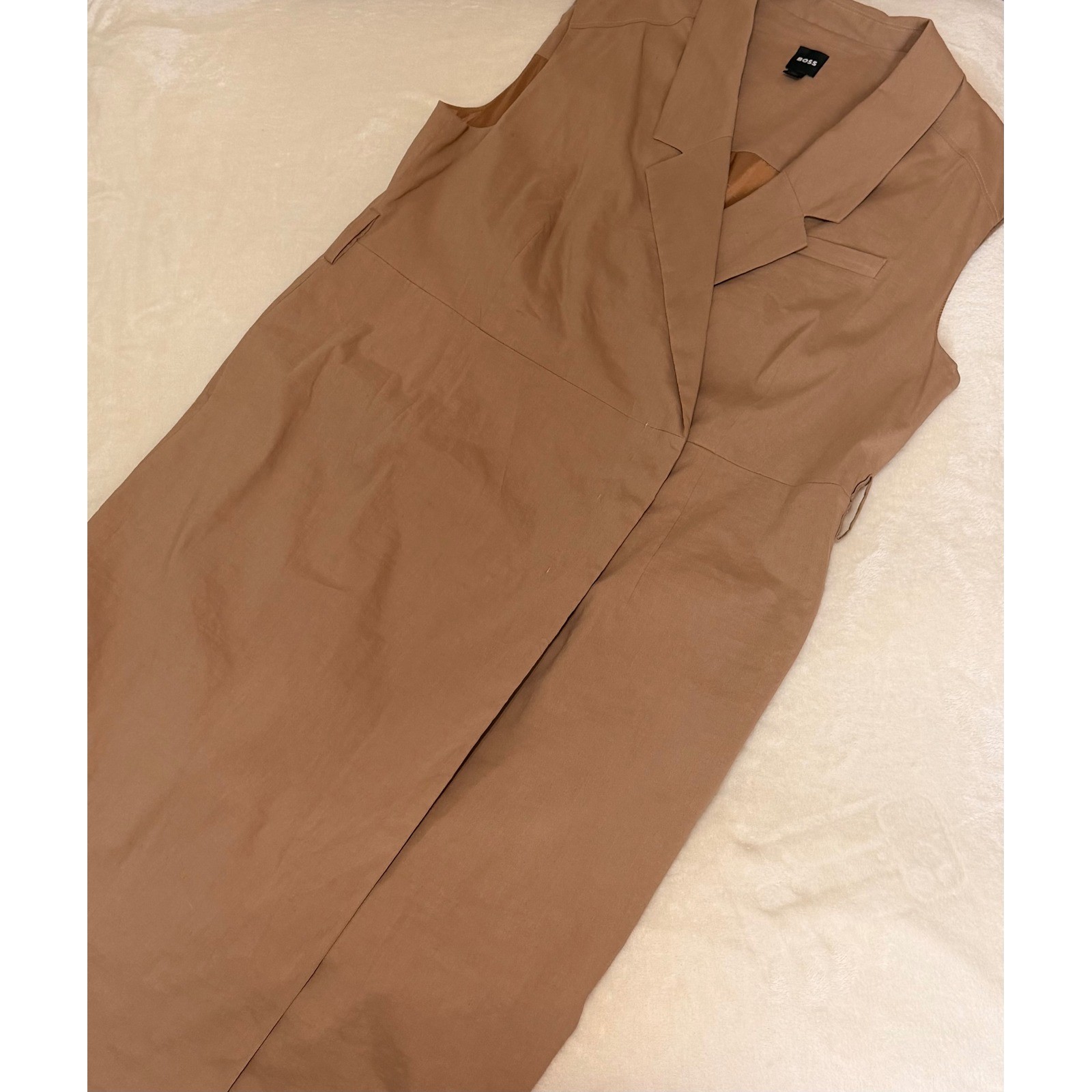 BOSS Hugo Boss Sleeveless Blazer Wrap Dress Camel Brown Linen Blend Womens Sz 16