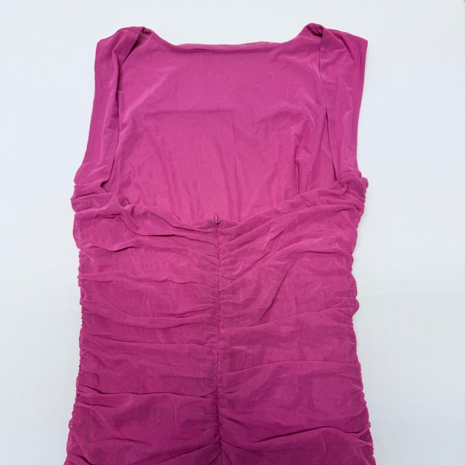 Sheseeworld Fuchsia Pink Ruched Mesh High Low Ruffle Bodycon Dress Large NEW