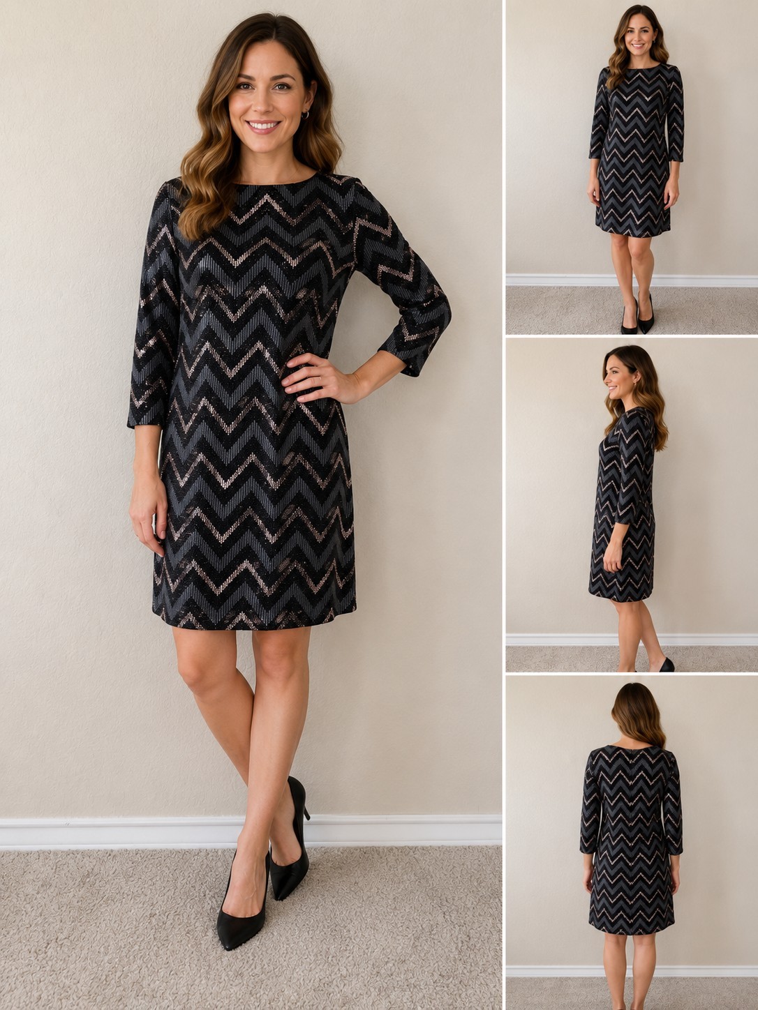 Studio One Women’s Metallic Chevron Shift Dress Size 14 Black Gray Lined Knit