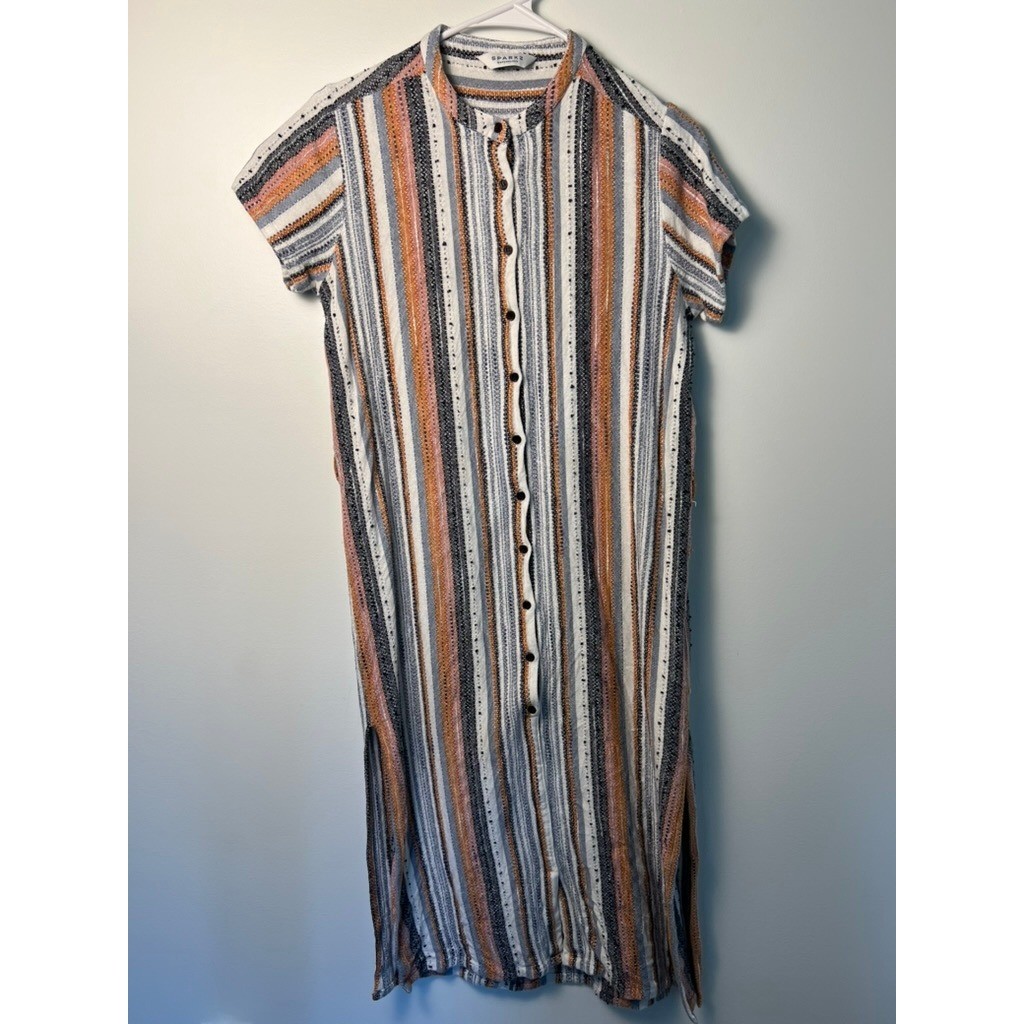 Sparkz Copenhagen Vibeke Midi Dress LG Colorful Stripe Buttons Hippie Boho Lagen