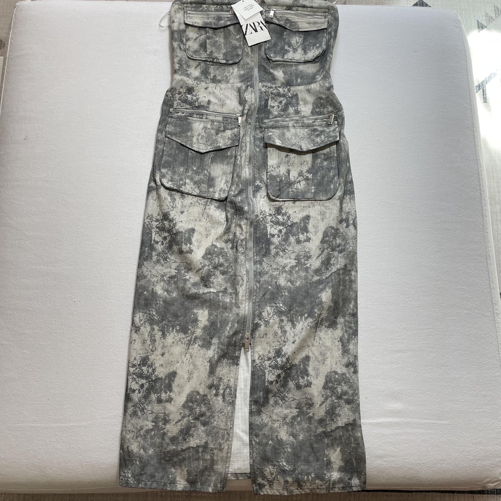 Zara Dress Womens Small Green Fitted Cargo Camo Sleeveless Two Way Zip RipStop