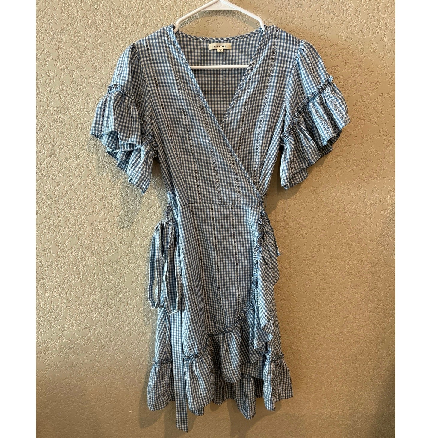 Blue Gingham Feminine Wrap Ruffle Mini Dress