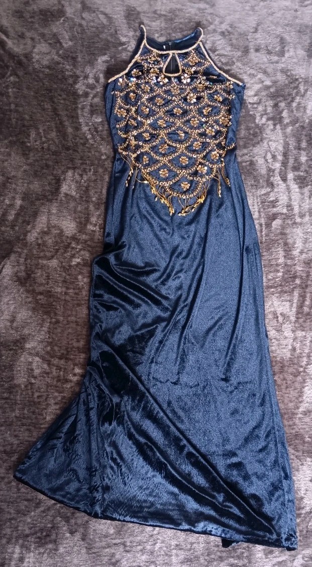 Blue Velour Beaded/Sequin Fringe Halter Formal Dress Sleeveless Long women:M