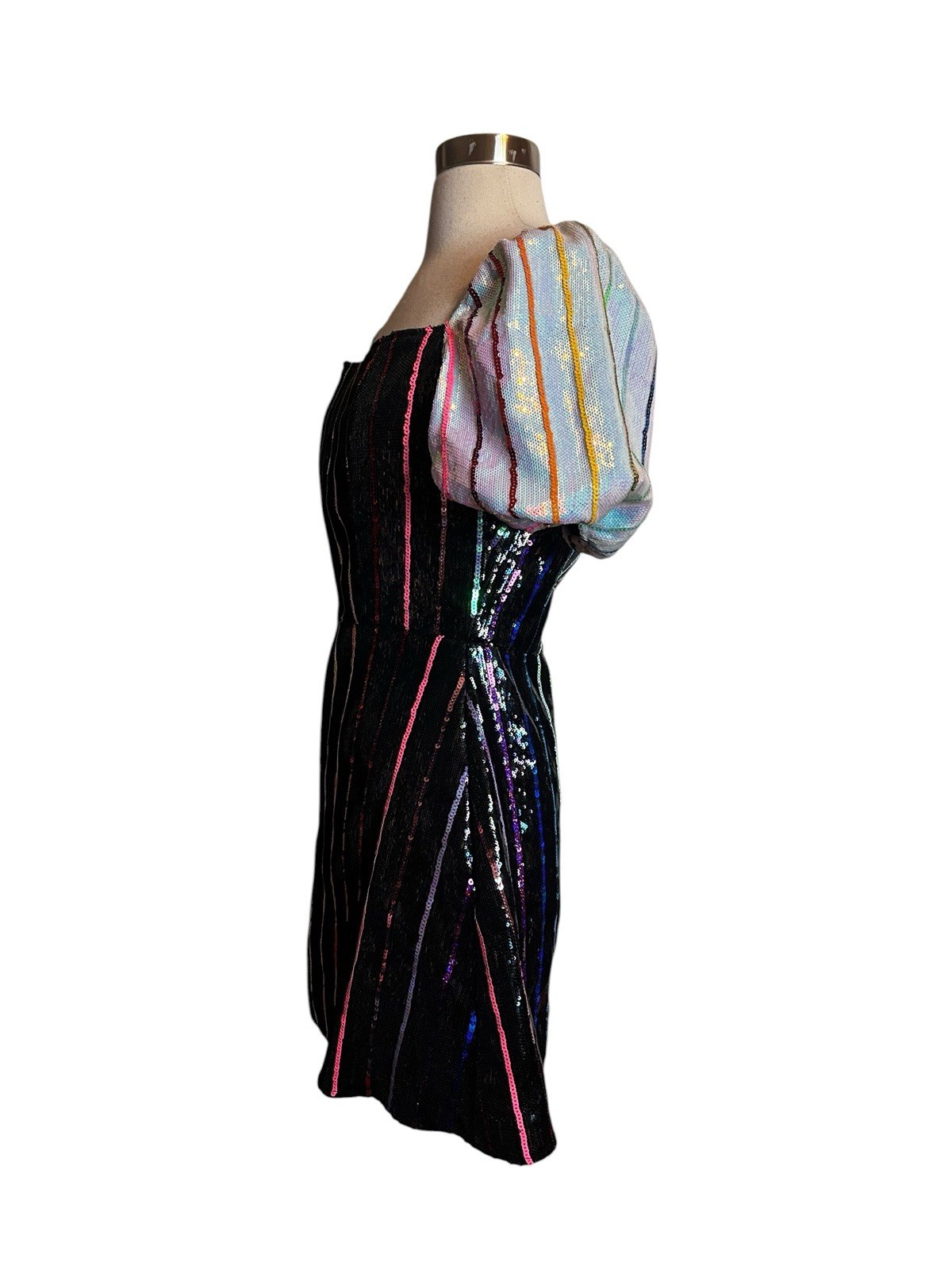 Queen of Sparkles Sequin Rainbow Stripe Dress Small Puff Sleeve