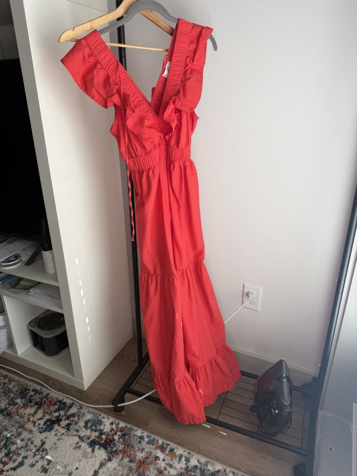 Japna Women’s Red Cotton Ruffle Maxi Dress Boho Tiered Sleeveless V-Neck Size M