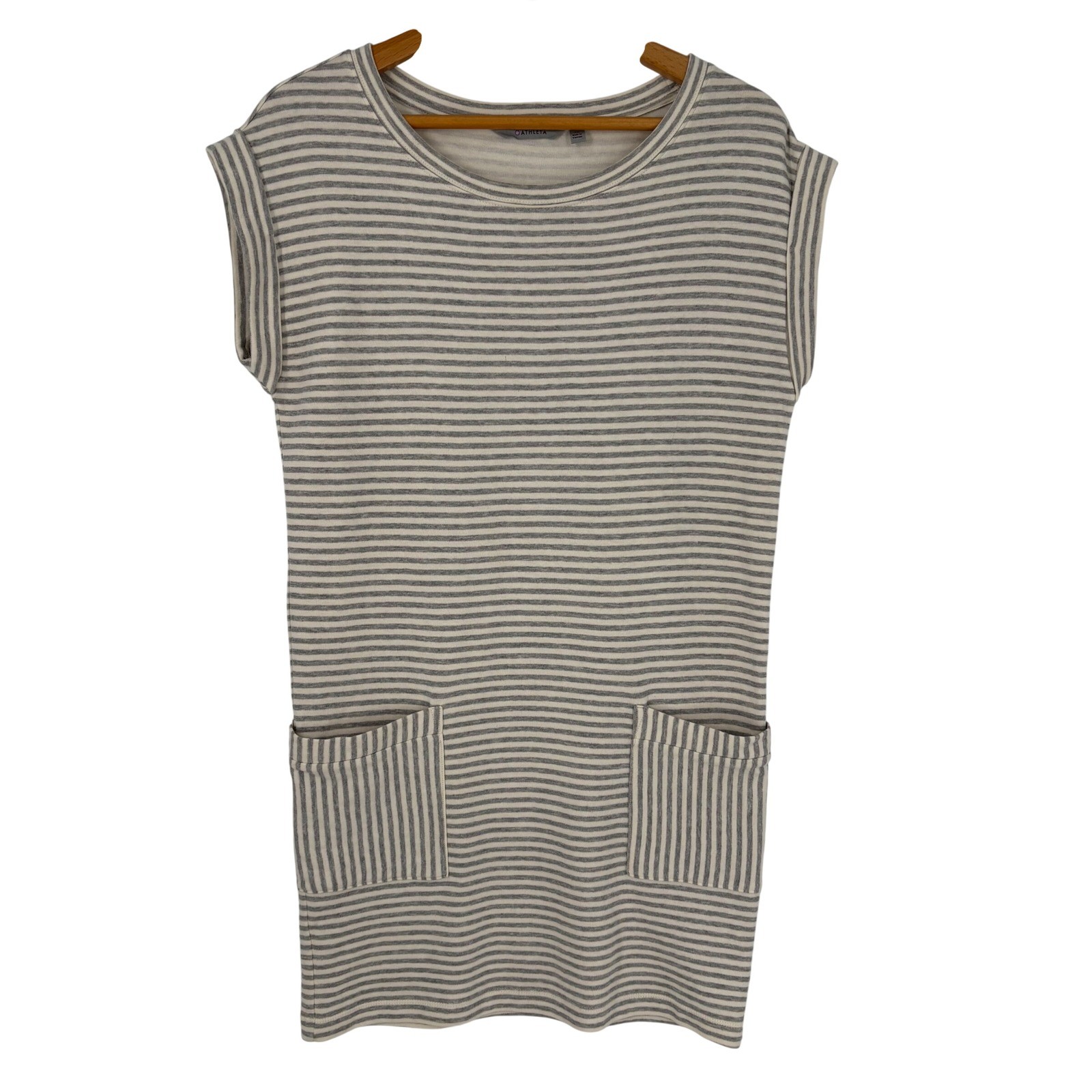 Athleta Womens Ease Up T-Shirt Mini Dress Size XS Grey White Stripe Pocket