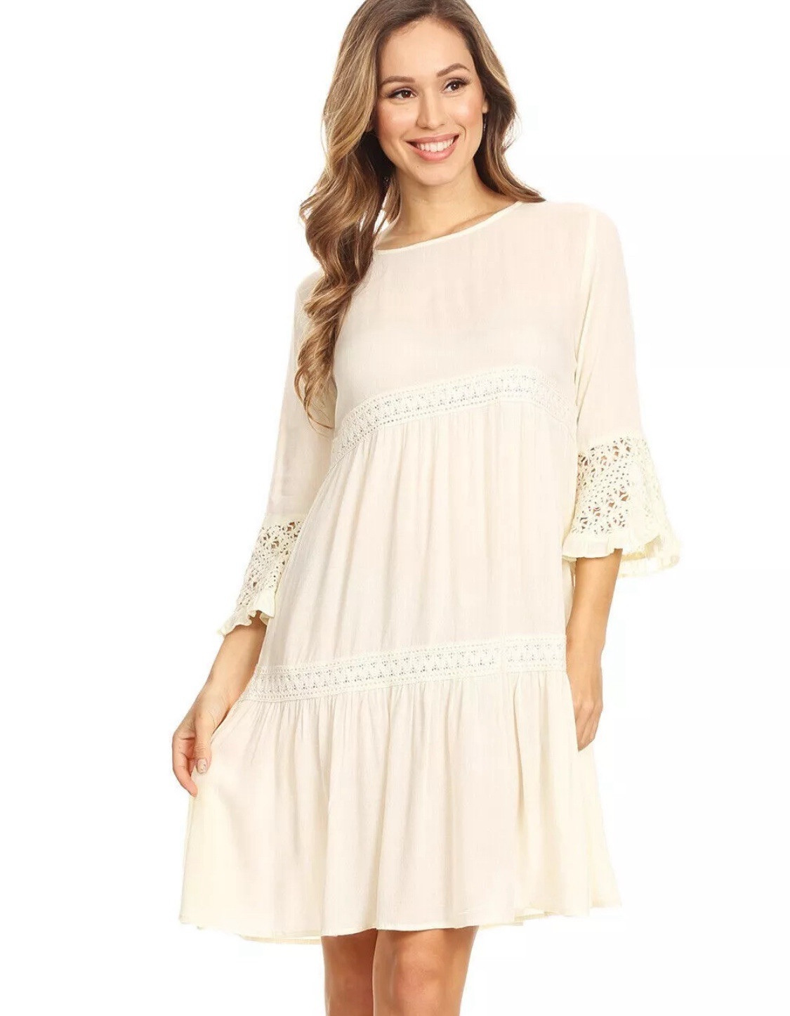 Anna Kaci Dress cottage-core Peasant Bell Sleeve lace Cream/ivory crochet Large