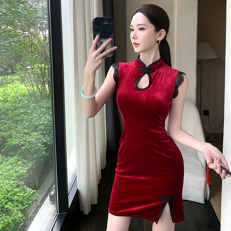 Chinese Style Womens Velvet Bodycon Slim Qipao Dress Cheongsam Party Short Dress