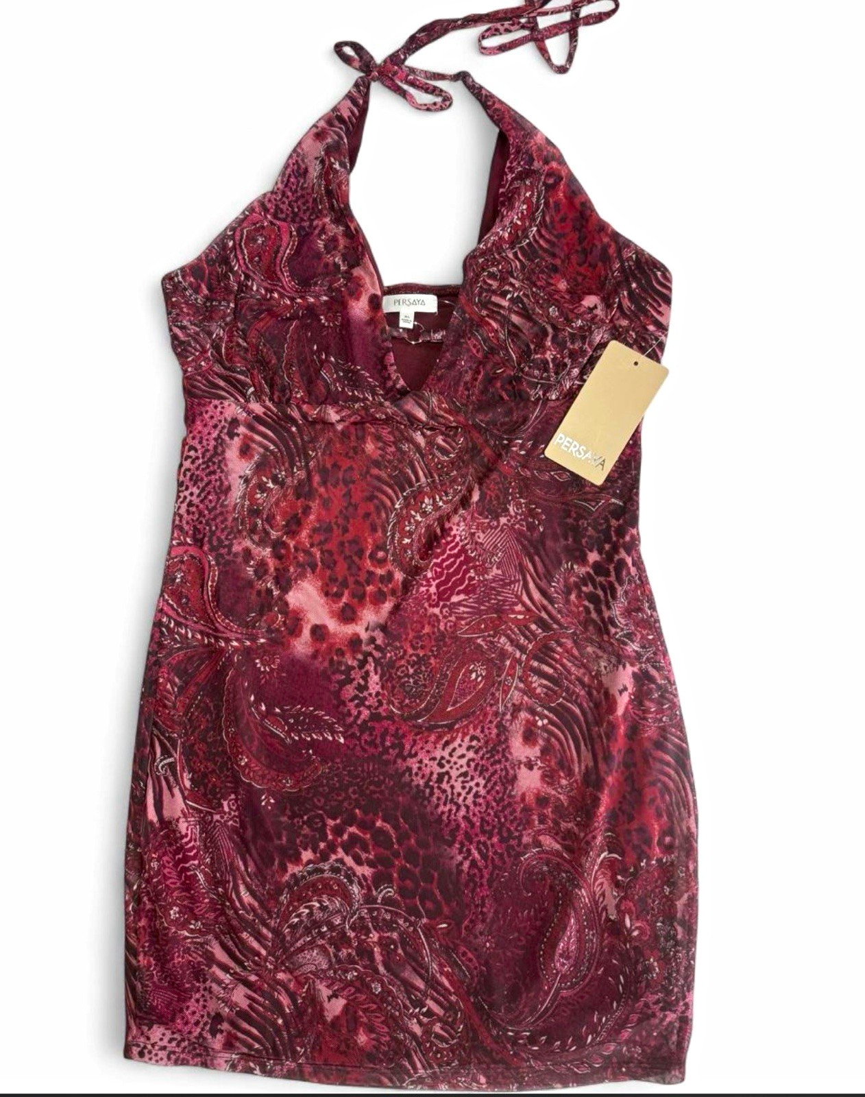 Persaya Burgundy Pink Paisley Halter V-Neck Stretch Lined Mini Dress – Size L