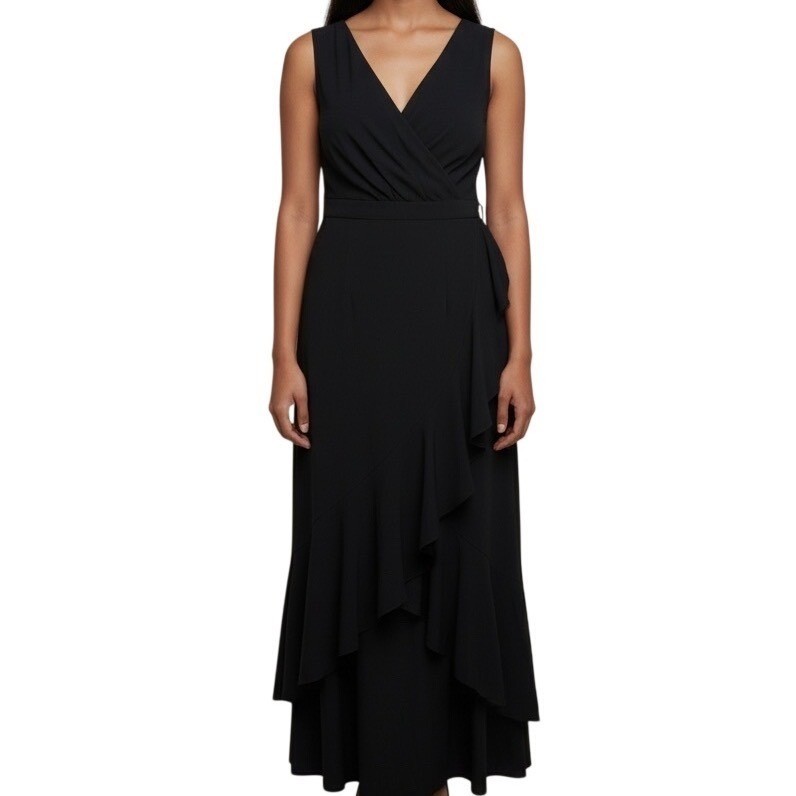 Black Sleeveless Wrap Midi Dress Ruffle Hem Size L Feminine Party Formal Chic
