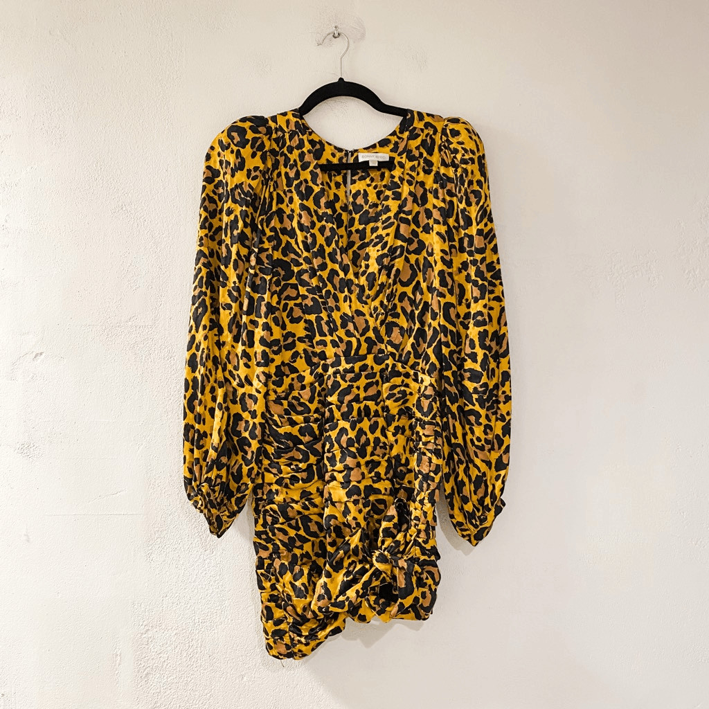 Ronny Kobo Giorgia Leopard Print Puff-Shoulder Faux Wrap Dress XS