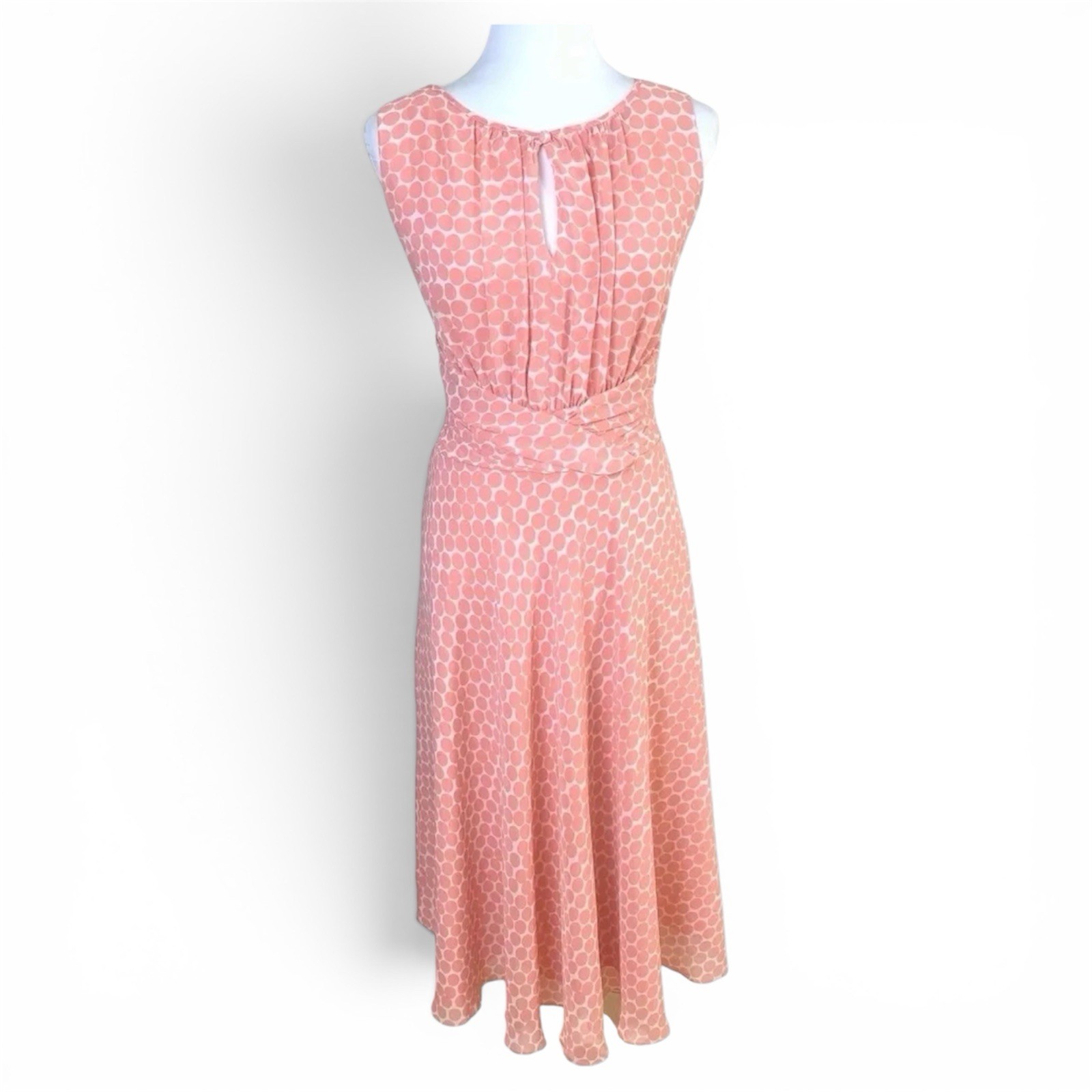 Karin Stevens Vintage Sleeveless Chiffon Pink & Cream Polka Dot Dress Size 12