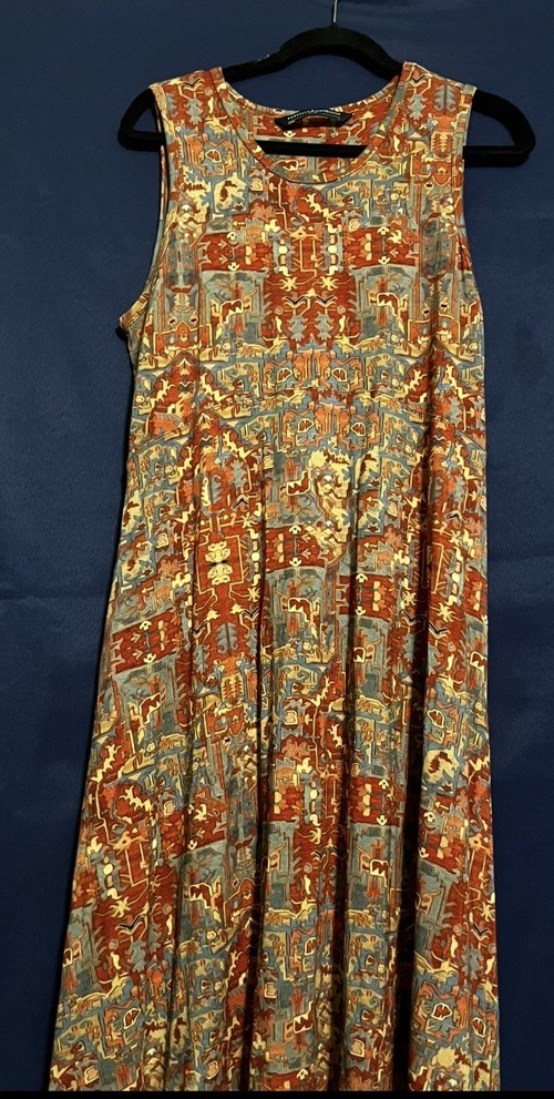 Peruvian Connection Women’s L RustOrange Beige Abstract Jersey Maxi Dress