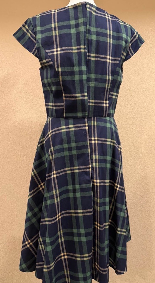 PUKAVT Navy Green Plaid A-Line Knee Length Boat Neck Cap Sleeve Dress L