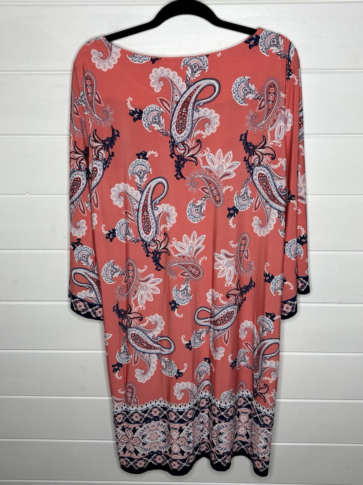 Studio One NY Coral Paisley Shift Dress Size XL Bell Sleeve Border Print Stretch