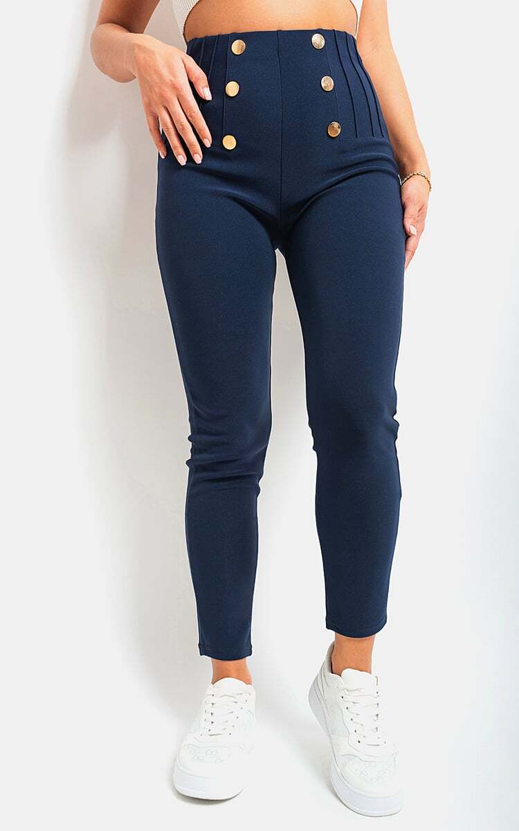 Womens Trousers High Waisted Button Detail Casual Stretch Full length Pants