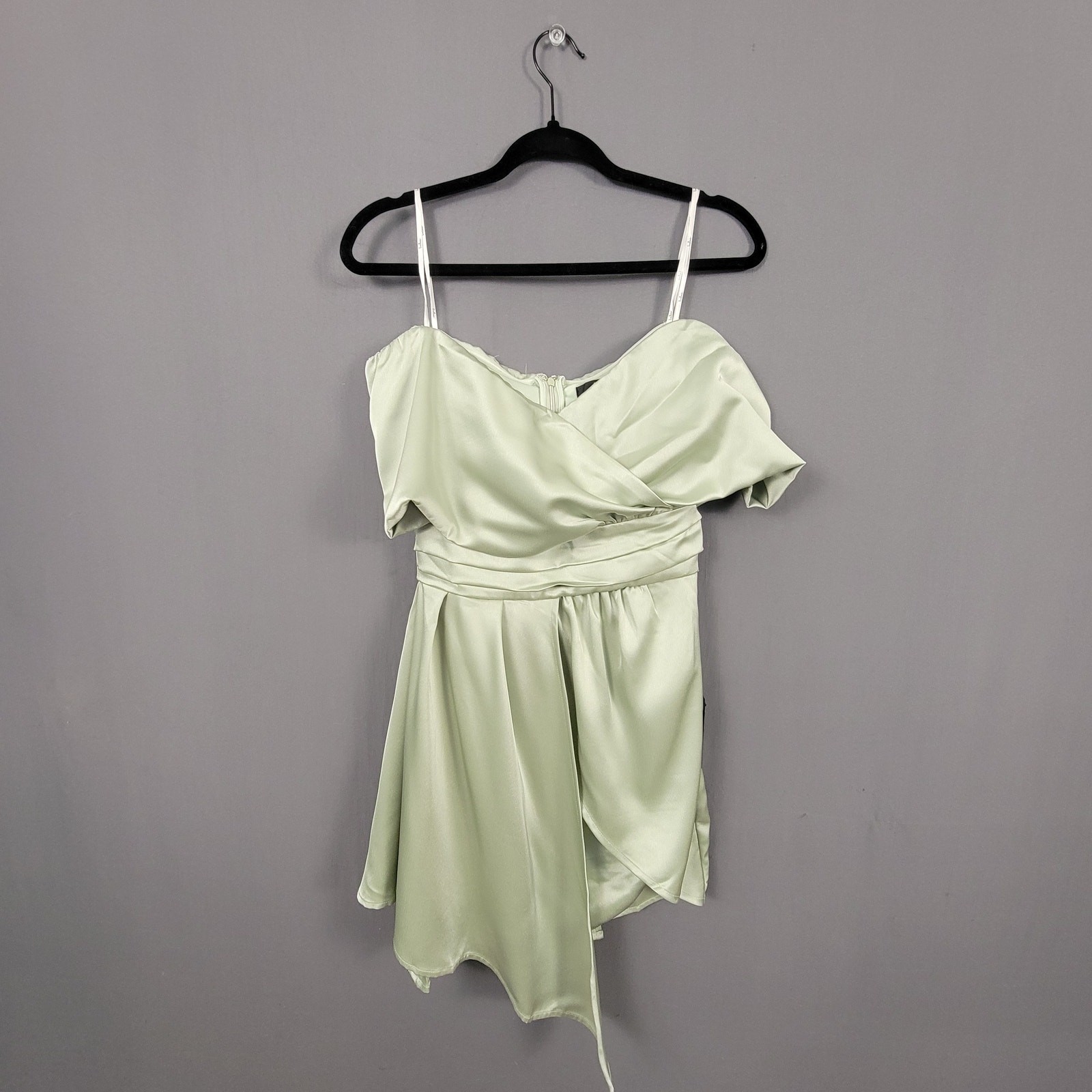 Lulus Wrap Mini Dress Women S Sage Green Satin Off Shoulder Adjustable Strap NWT