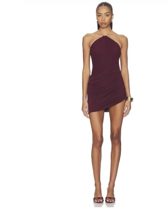 Ronny Kobo Delphine Mini Dress Burgundy Halter Asymmetric Ruched S