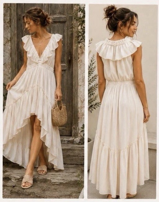 Bohme Mustard Seed Ivory Ruffle Hi Low Maxi Dress Womens L NWT Boho