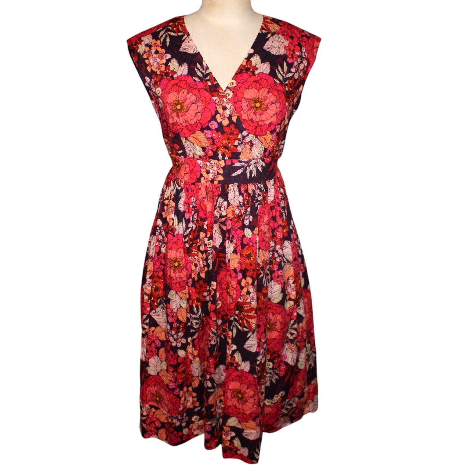 Garnet Hill Voile Jolie Dress 8P Floral Midi V-Neck Wrap Red Pink Orange Cotton