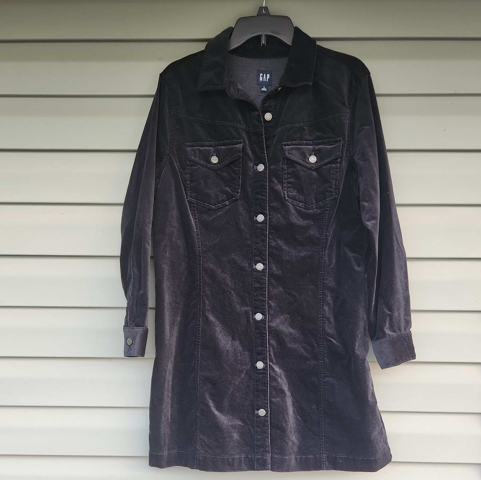 GAP Women’s Black Velvet Button Down Mini Shirt Dress Long Sleeve Size LARGE