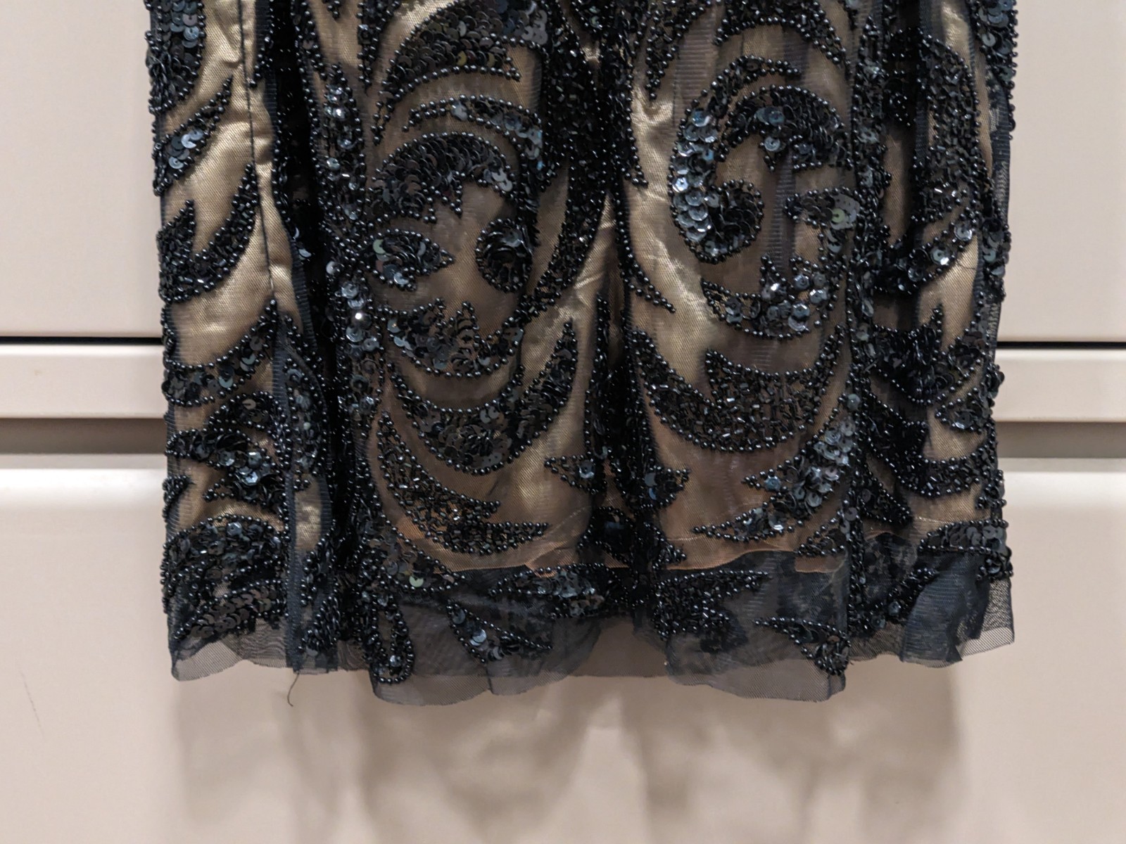 Scala Sequin Silk Beaded Mini Dress Sz 8 Strapless Sweetheart Neckline Black