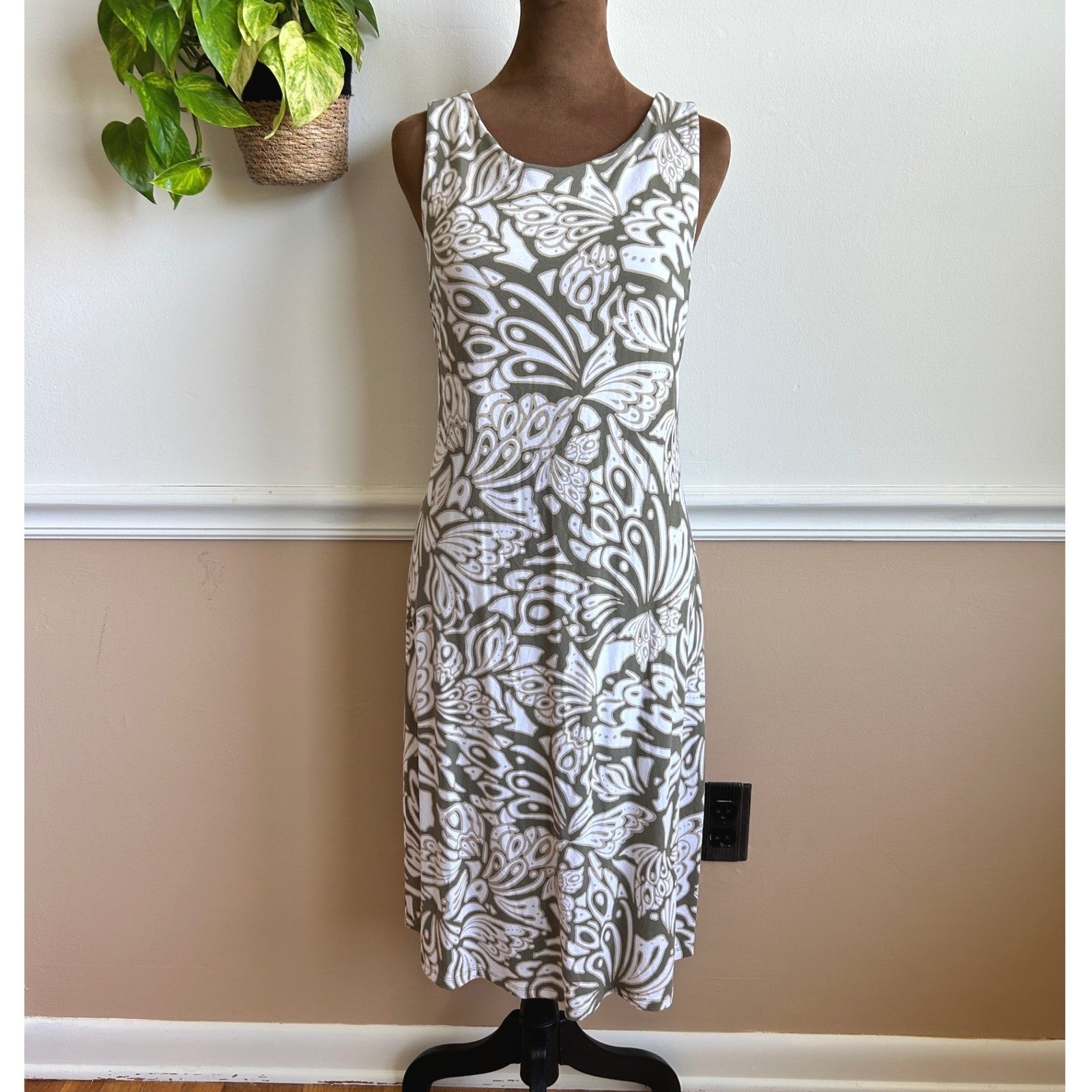 Tommy Bahama Olive Green White Butterfly Print Twisted Cutout Back Dress Medium