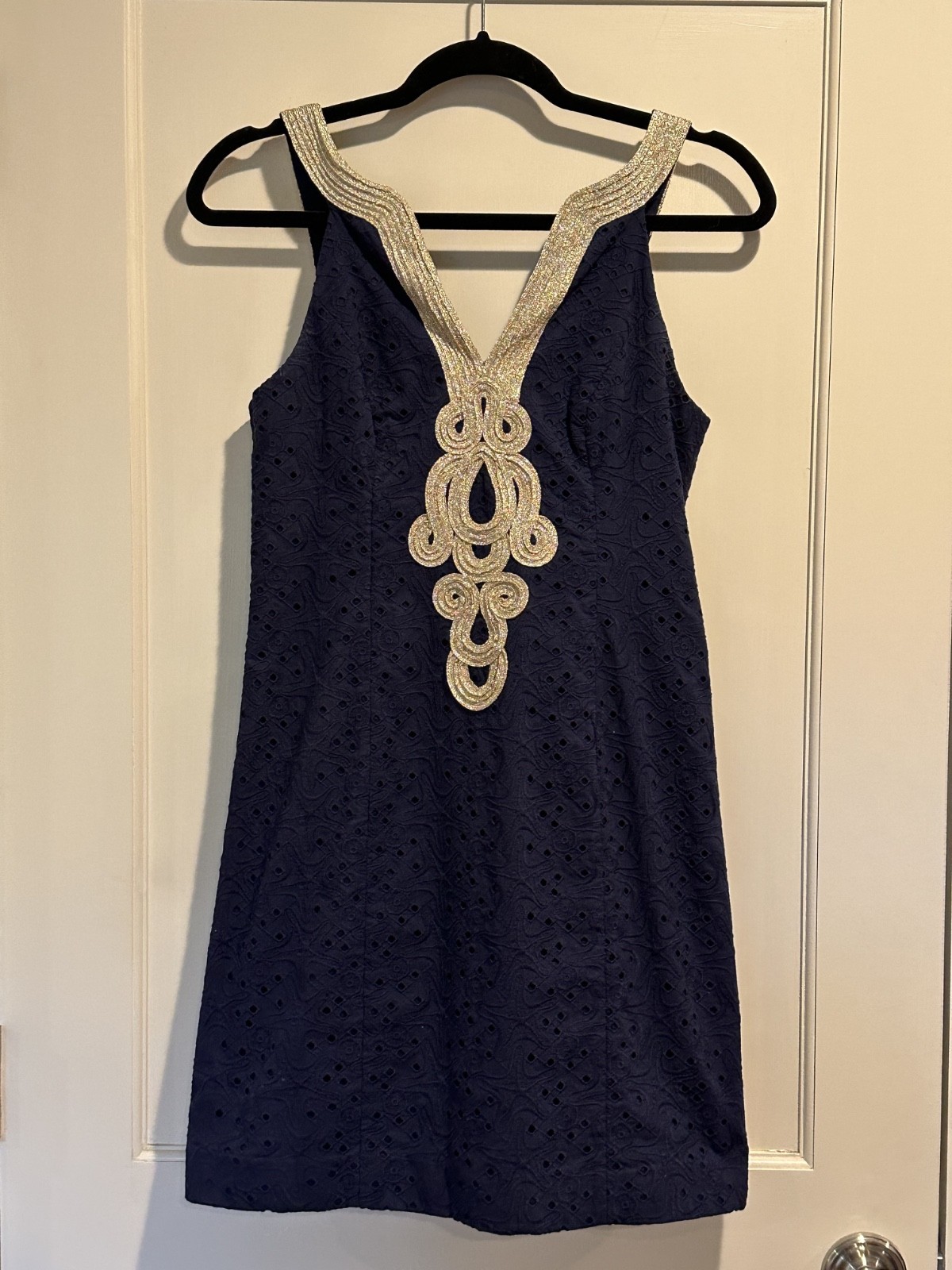 Lilly Pulitzer Emery Shift Dress Navy Blue Gold Soutache Starfish Eyelet Size 0